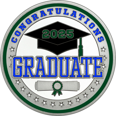Royal Blue "Congratulations Graduate" with Dark Green 2025, Rim, Tassel & Ribbon
